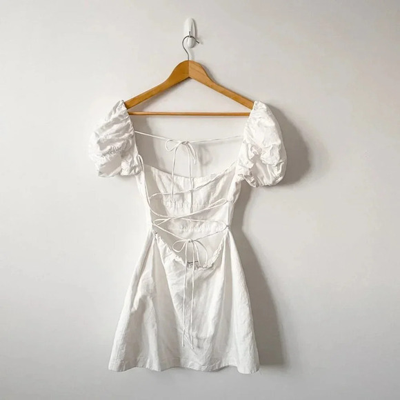 Zara Linen Blend Balloon Sleeve Strappy Back Mini Dress White Blogger Fav Sz M - Picture 8 of 10